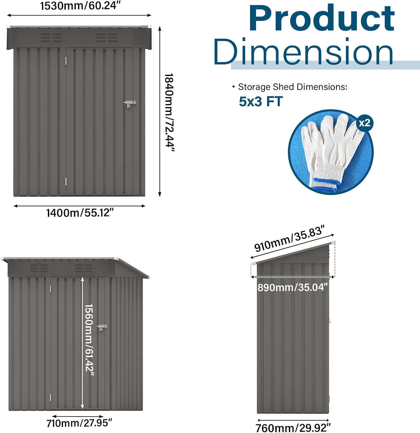 5x3 FT Metal Outdoor Storage Shed, Compact Garden Tool Organizer with Pitched Roof and Lockable Door, Weather-Resistant Small Metal Shed for Backyard, Patio, Balcony and Bike Storage, Gray