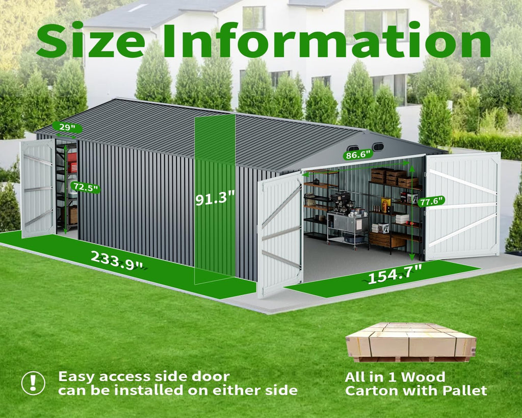 20x13 FT Outdoor Storage Shed, Metal Garage Shed with 2 Lockable Doors, Large Metal Building with 4 Air Vents, Galvanized Steel Prefab Garage Sheds for Car, Truck, Bike, Tool, Dark Gray