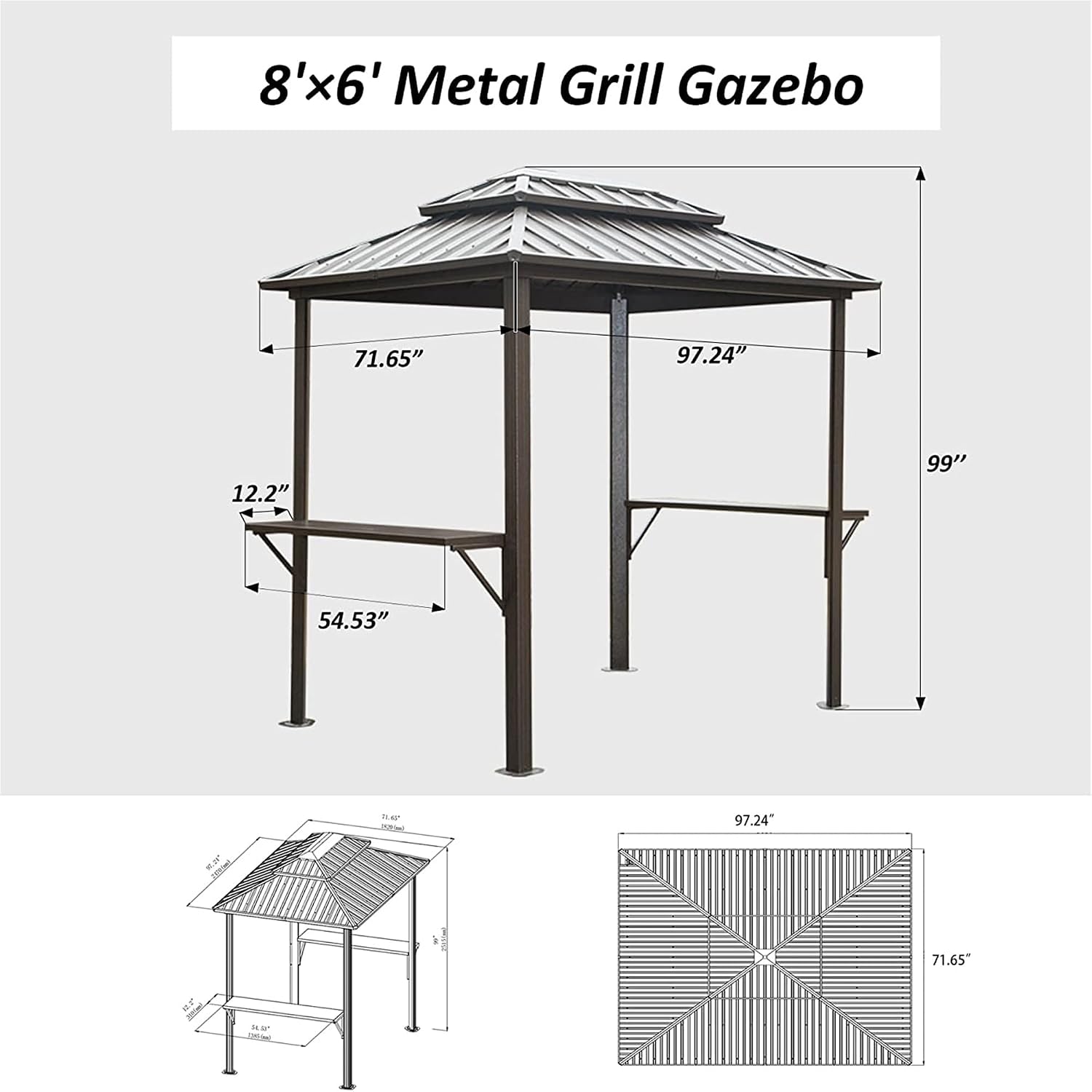 8' x 6' Grill Gazebo with Double Roof, Aluminum BBQ Gazebo with 2 Shelves, Permanent Hardtop Outdoor Structure for Patio and Backyard (Brown, 8'x6')