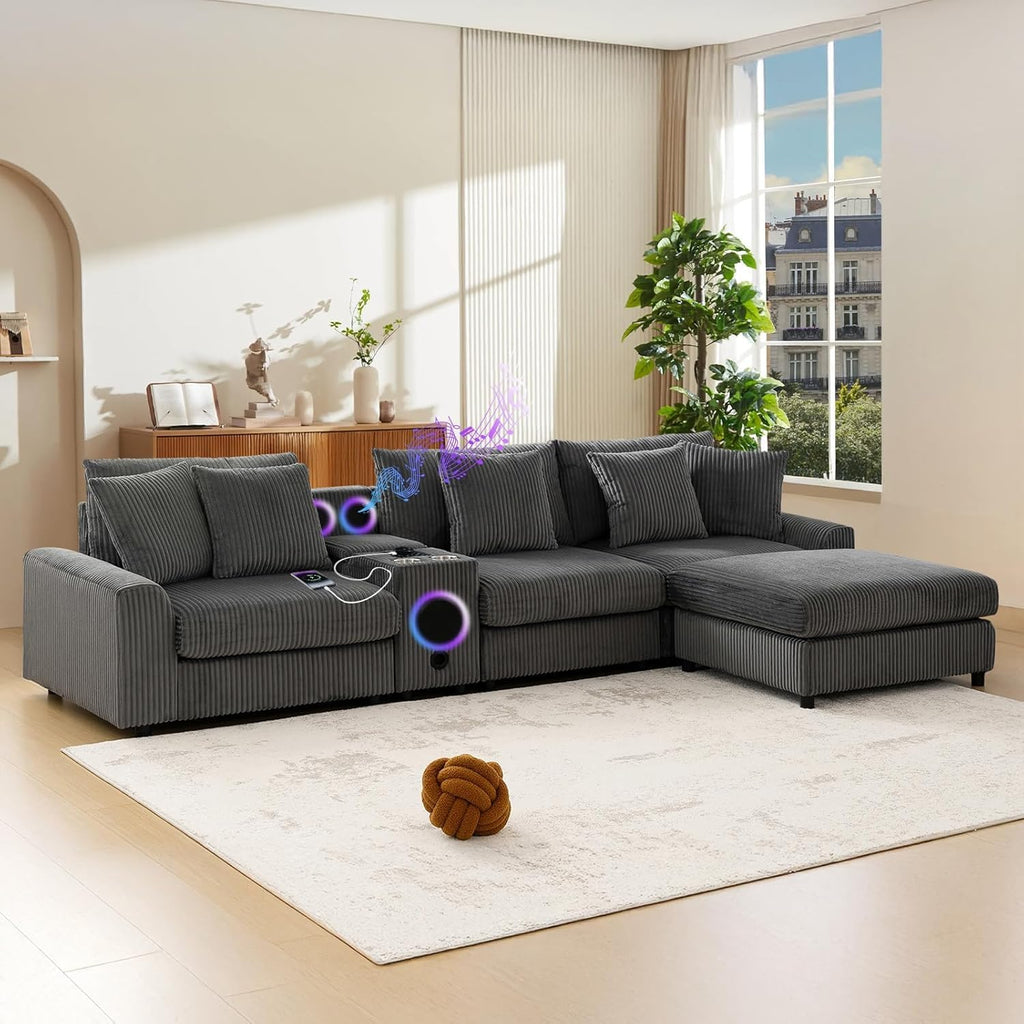 MAKIAAP 114' Corduroy Sectional Modular Couch with Speakers, L Shaped Couches Comfy Deep Sofa with Console, USB Charger, Cup Holders, Storage, Ottoman for Living Room (Gray, 114in)