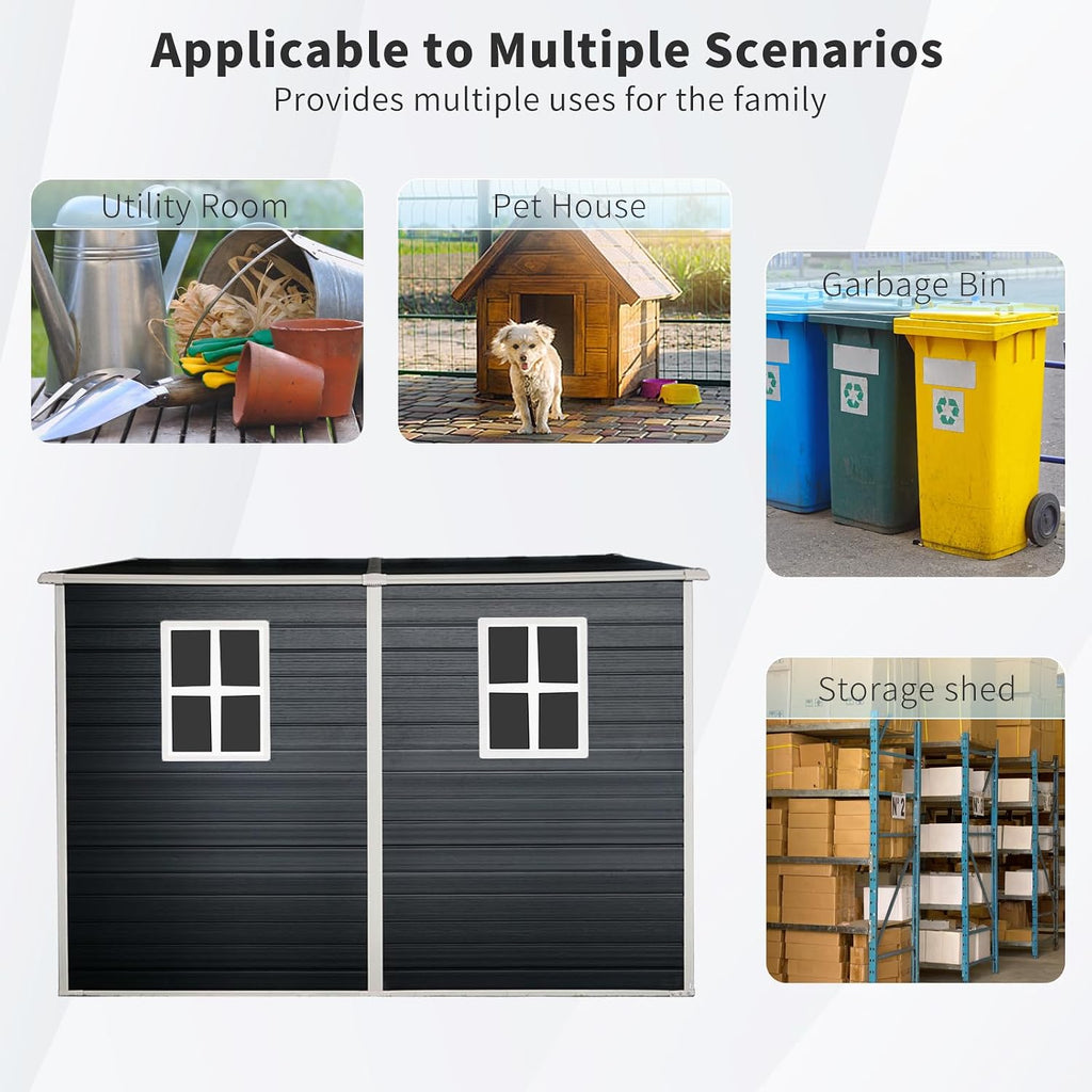 Resin Outdoor Storage Shed with Floor (8 x 4 Ft),All Weather Outdoor Tool House,Windows,Lockable Doors,Organization for Home/Backyard/Garden Tools/Lawn Mower/Bike Storage/Pool Supplies