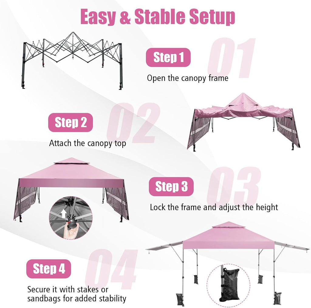 HAPPYGRILL Pop Up Canopy with Dual Awnings 10x17.6 FT, Outdoor Gazebo Shelter with Portable Wheeled Carrying Bag, Easy Setup Instant Tent for Patio Camping Picnic (Pink)