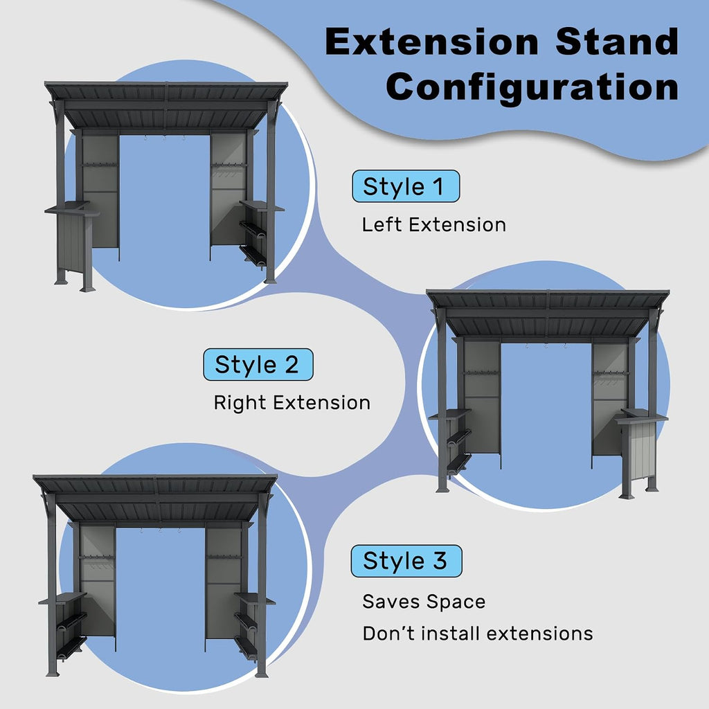 Domi 9x10FT Grill Gazebo Hardtop, BBQ Gazebo for Outdoor Grill with Storage Shelves and Expansion Platform, Metal Permanent Lean-to Canopy for Patio Backyard Lawn, Grey