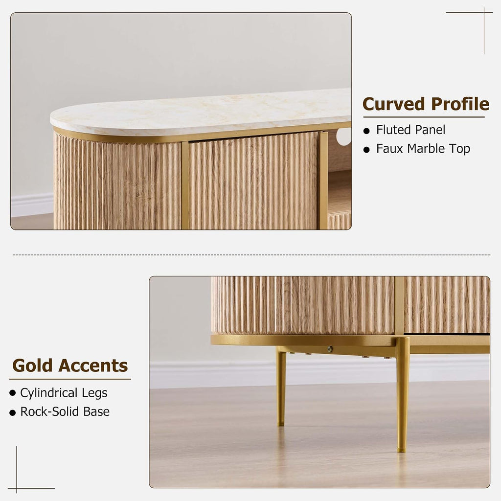 OKD Luxury 70' Fluted TV Stand, Modern Chic Entertainment Center for TVs Up to 80 inches, TV Console with Faux Marble Top, Curved Profile Design, Media Console for Living Room, Natural Oak