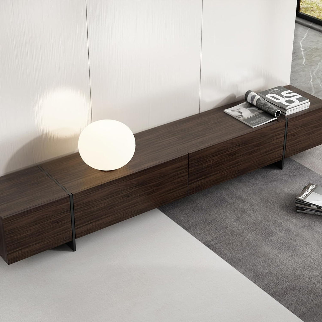 AIEGLE 95.1' W TV Stand with 4 Flip-Down Drawers, Modern Entertainment Center with Storage, Media Console Table TV Cabinet, Dark Brown