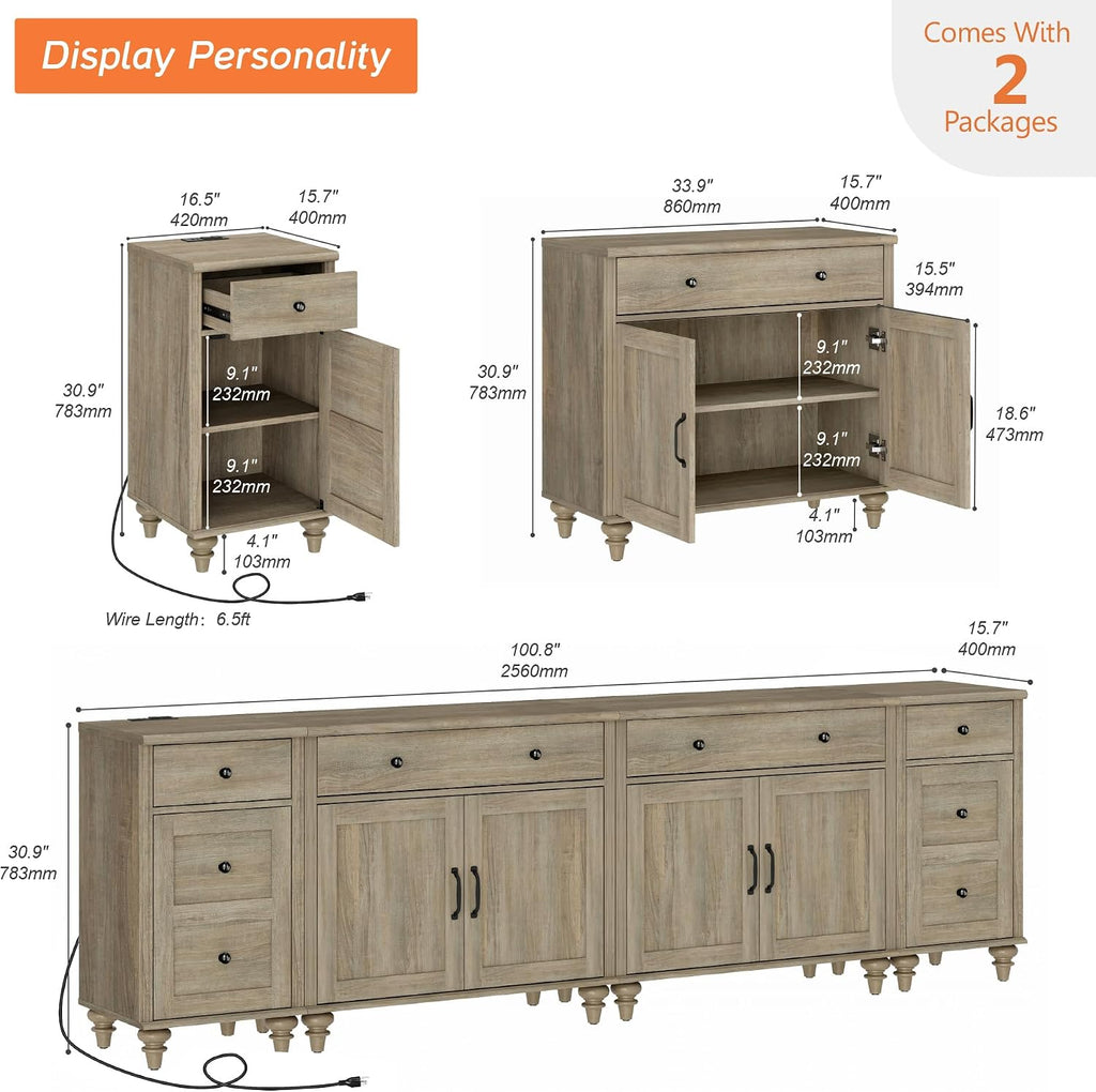 WAMPAT Farmhouse TV Stand for 100 Inch TV, 4-in-1 TV Console Table for 75/80/85/90 Inch TV, Entertainment Center with Charging Station, Kitchen Sideboard Buffet Cabinet for Dining Room, Wash Grey