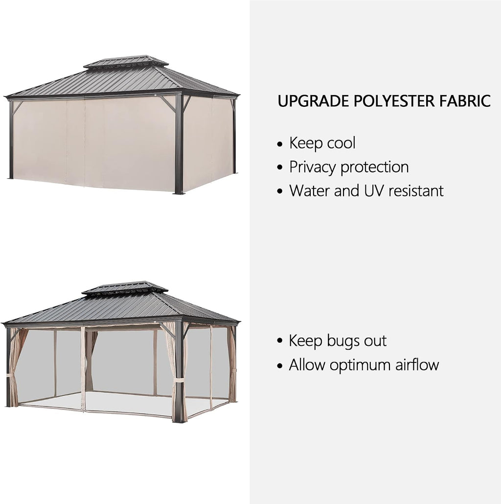 Ulax Furniture 12' x 16' Outdoor Gazebo Patio Permanent Hardtop Pergola with Aluminum Frame Galvanized Steel Double Roof Mosquito Net and Privacy Curtain
