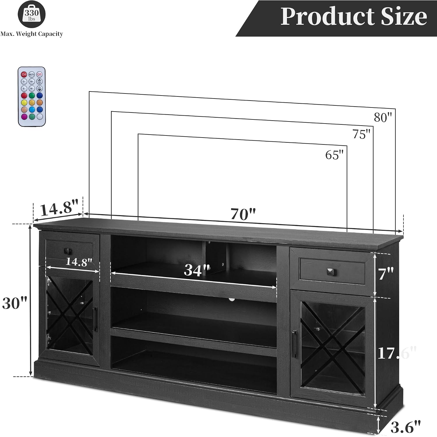 70 Inch Farmhouse TV Stand Table for 75 80 inch TV, Modern Entertainment Center with LED Lights and 2 Drawers, Wooden TV Stands for Living Room (Black)