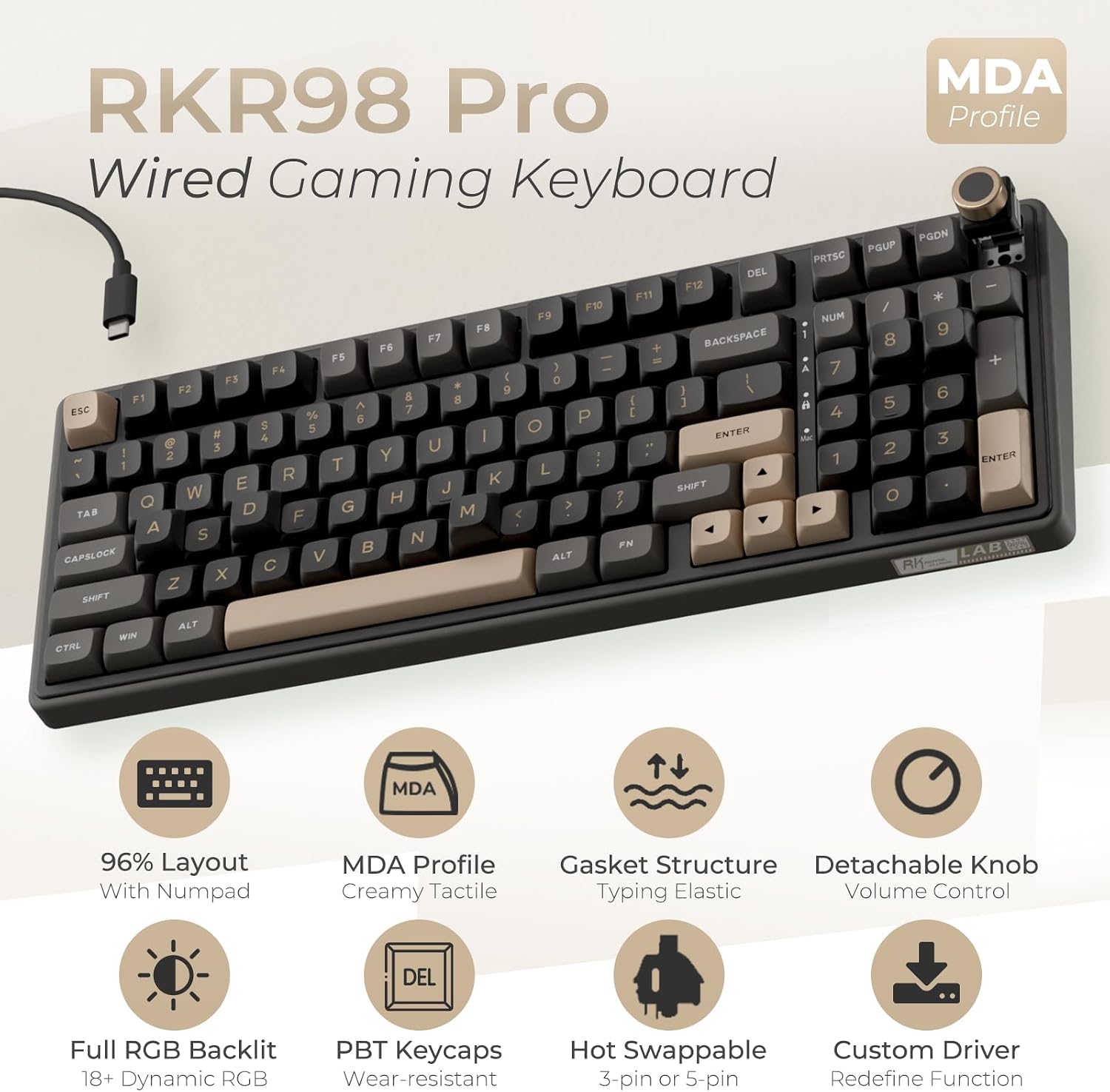 RK ROYAL KLUDGE R98 Pro Wired Mechanical Keyboard and RK M3 Wireless Mouse Combo, Creamy Hot Swappable RGB Gaming Keyboard Black, 47G Lightweight 42K DPI Gaming Mouse Black