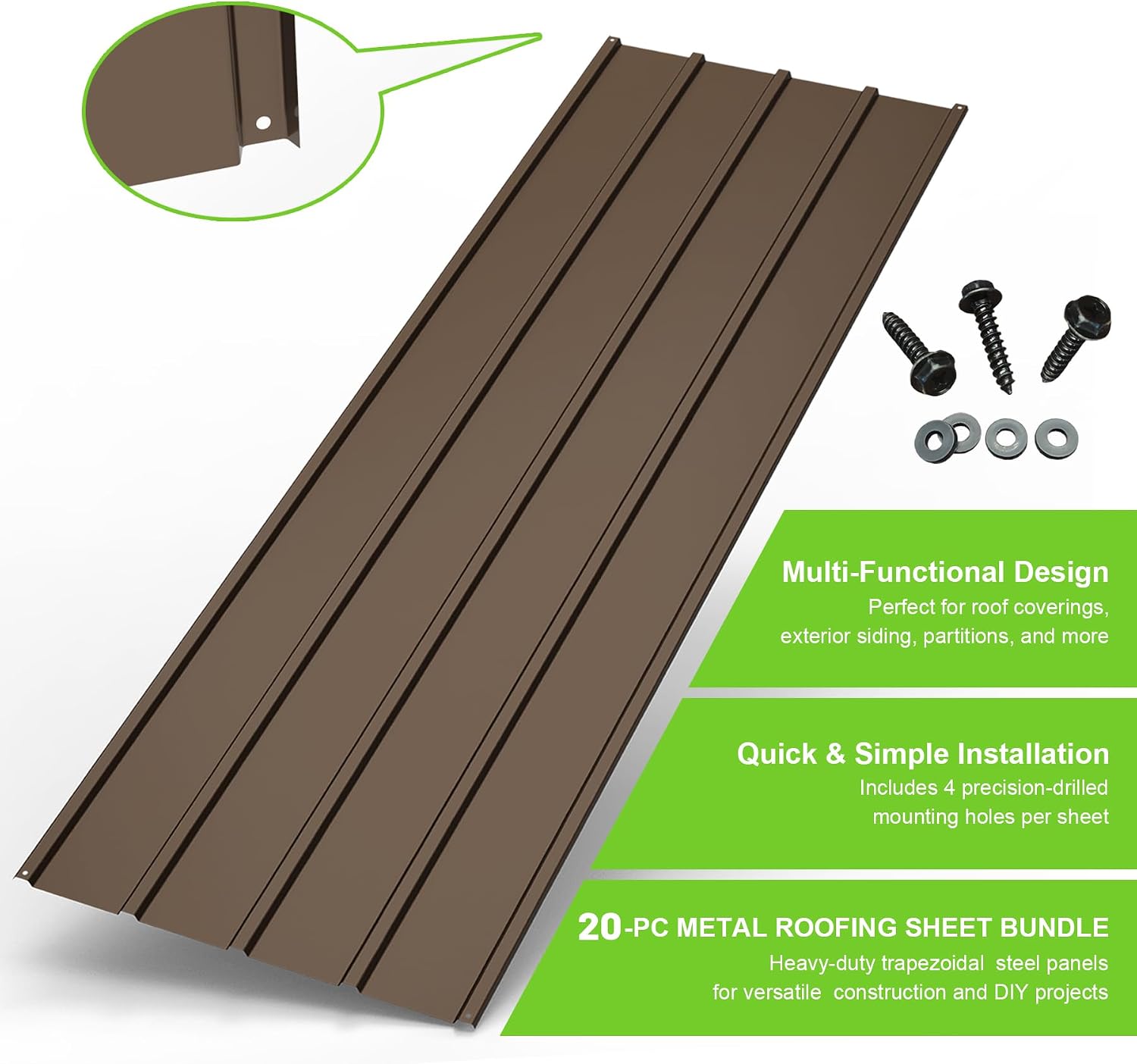 20PCS Metal Roofing Panels, Corrugated Galvanized Roof Panels, Waterproof Metal Siding Panels with 120 Pcs Steel Screws for Pergola, Gazebo, Shed, Garages, Stables and Mobile Homes -Brown