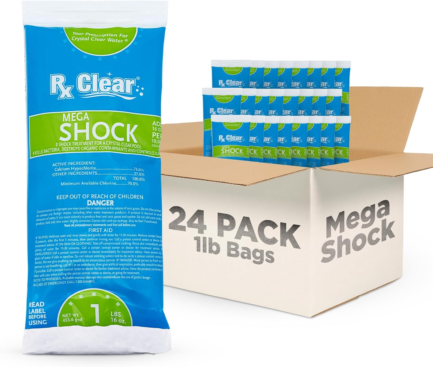 Rx Clear Mega Shock | 73% Calcium Hypochlorite | Kills Algae in Swimming Pools | Works As Pool Sanitizer Clarifier and Algicide | One Pound Bags | 24 Pack