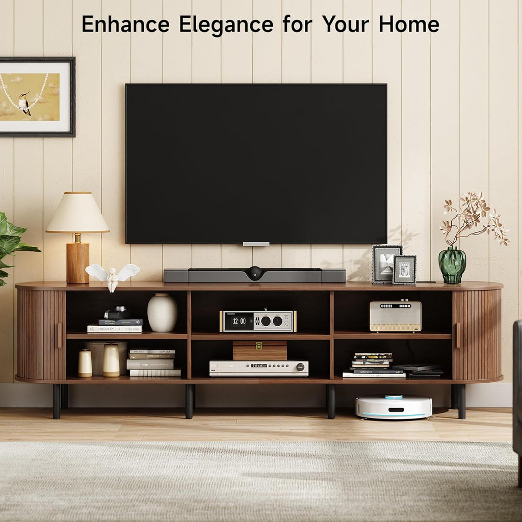 ONBRILL 86.6' TV Stand with Power Outlet for TVs up to 90 Inch, Entertainment Center with Storage and Adjustable Shelves, Modern Media Console with Sliding Doors for Living Room, Walnut