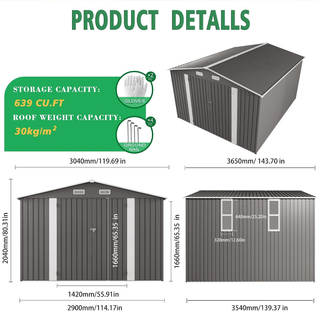 10x12 FT Outdoor Metal Storage Shed, Large Garden Tool Organizer with Double Doors and Two Windows, Waterproof Walk-in Backyard Storage Shed for Lawn, Patio, Poolside, Gray