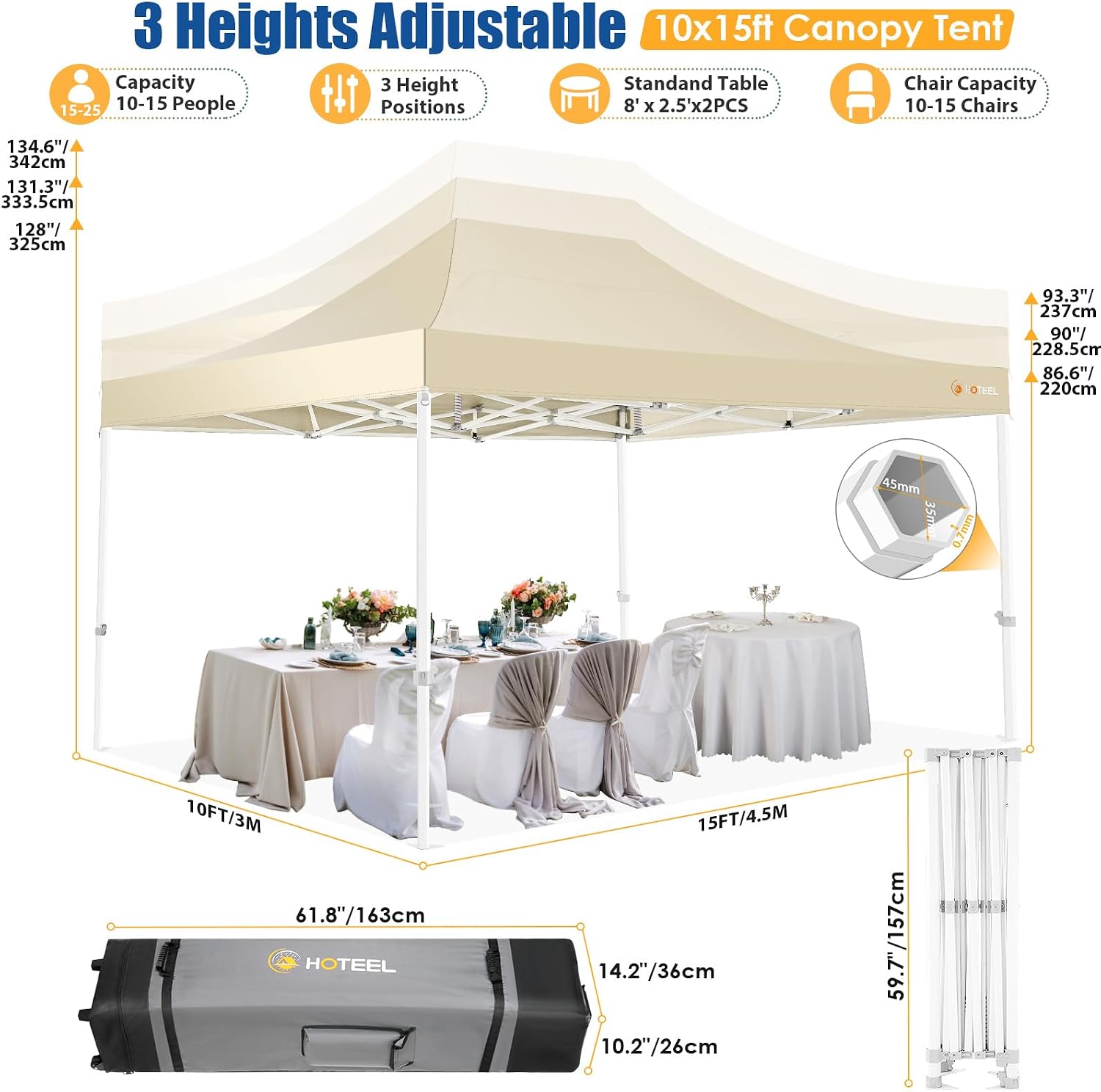 HOTEEL 10x15 Pop up Canopy Tent for Parties, Heavy Duty Easy Setup Tent Without Sidewalls, Outdoor Commercial Instant Gazebo for Wedding Event, with Roller Bag & Sand Bags, Khaki(Hexagonal Frame)