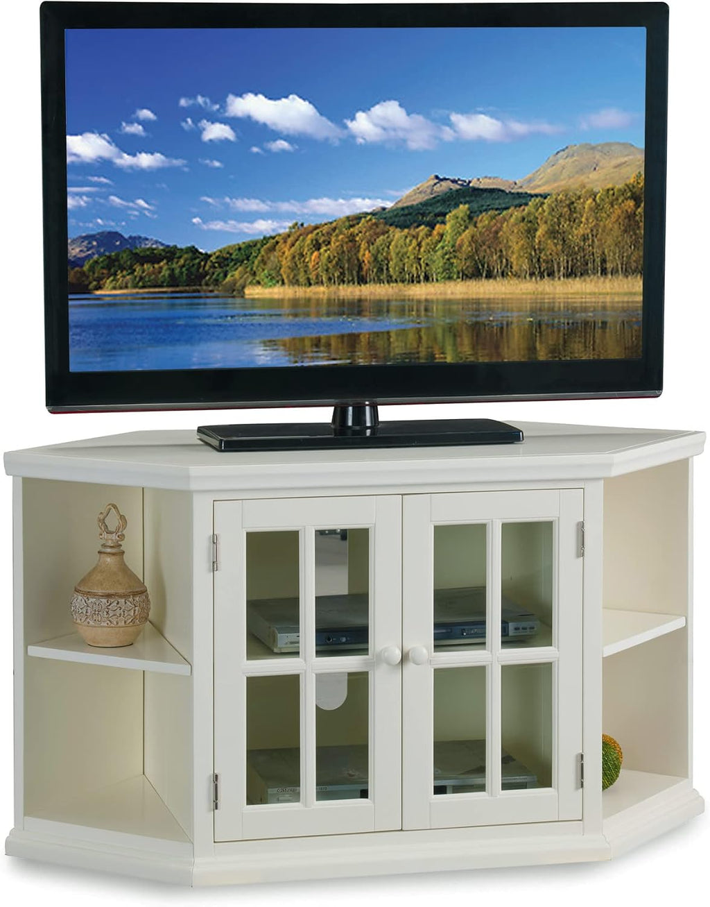 Leick Home Maelyn Corner TV Stand, for 50 in. TV, with Book Cases and Glass Doors, Cottage White, 85287