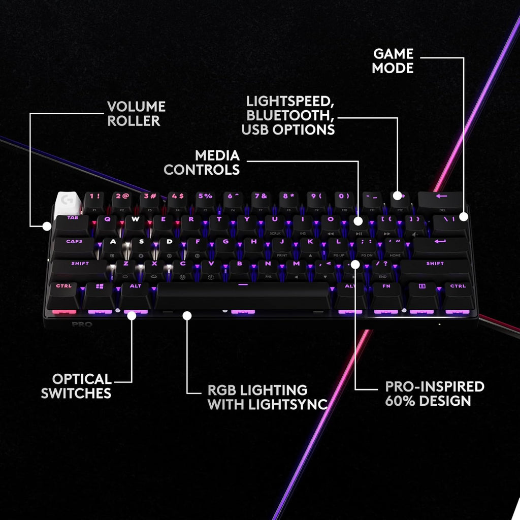 Logitech G PRO X 60 Lightspeed Wireless Gaming Keyboard, Ultra Compact TKL 60% Mechanical Keyboard for Windows PC, LIGHTSYNC RGB, Dual-Shot PBT Keycaps, GX Optical Tactile Switches - Black