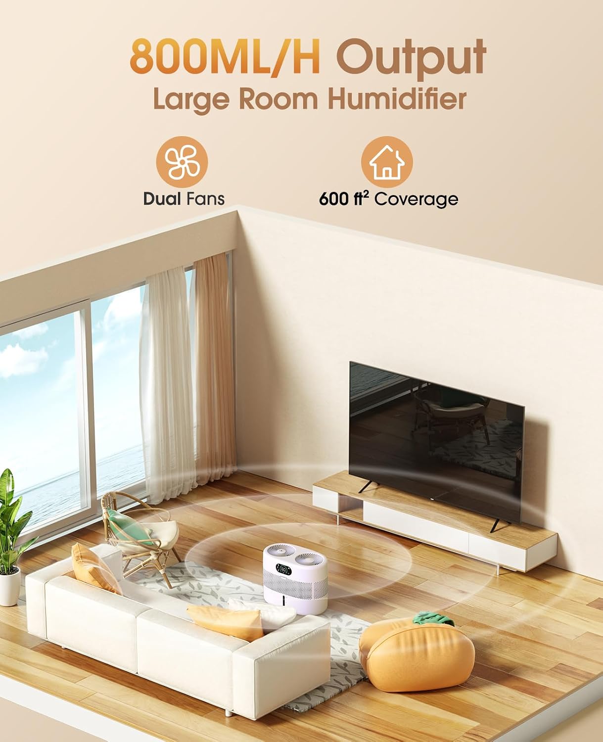 Reuseable Wick Evaporative Humidifier for Bedroom Quiet Healthy Baby Humidifier, No White Dust, Evaporative Humidifier Large Room 800ml/h 3 Speeds, 2