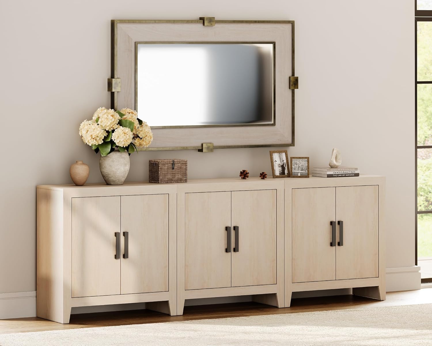 WAMPAT Farmhouse TV Stand for TVs up to 85 Inch, Rustic Wood Entertainment Center & Media Console with 6 Storage Doors, Accent Cabinet for Living Room, Hallway, Beige