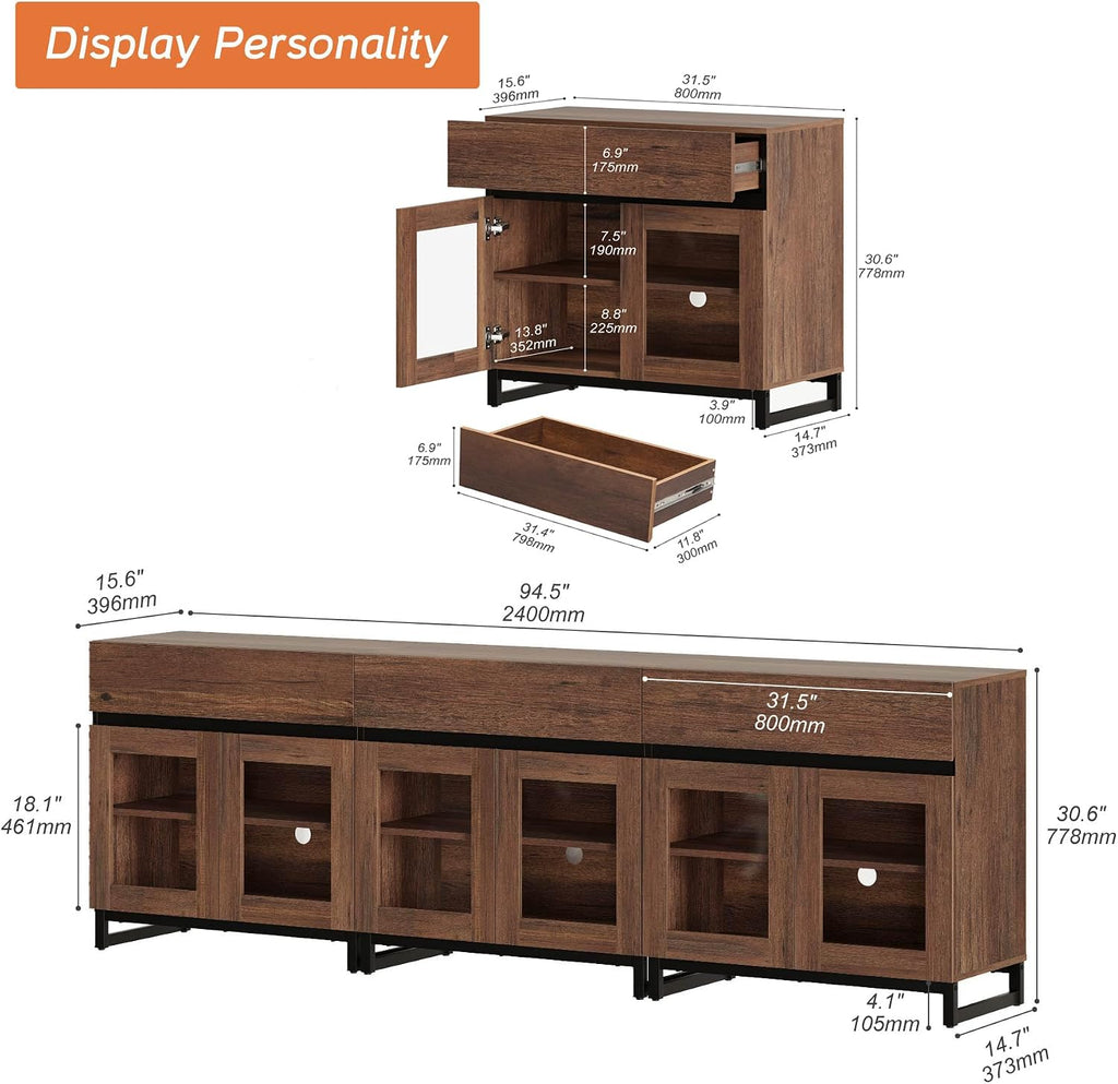 WAMPAT Modern TV Stand with Glass Doors for 70-100 inch TVs, 3 in 1 Entertainment Center Console with 3 Drawers and Metal Base for Living Room, Bedroom, Brown