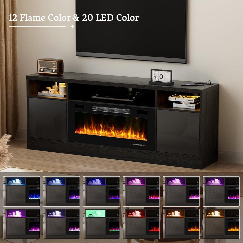 Kucreiheat Fireplace TV Stand for 65-80 inch TV, Large Entertainment Center with Fireplace,Power Outlet & LED Lights,High Gloss Living Room Storage Cabinet, 70''(High)