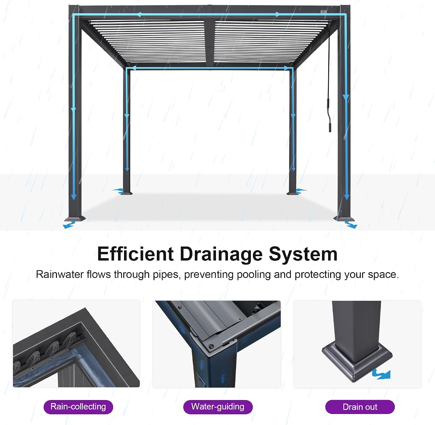 PURPLE LEAF Louvered Pergola w/Light 10' x 10' Aluminum Outdoor Pergola, Adjustable Louvers Roof, Integrated Drainage System 70 Mph High Wind Resistant Small Pergolas for Patio Deck Porch Yard
