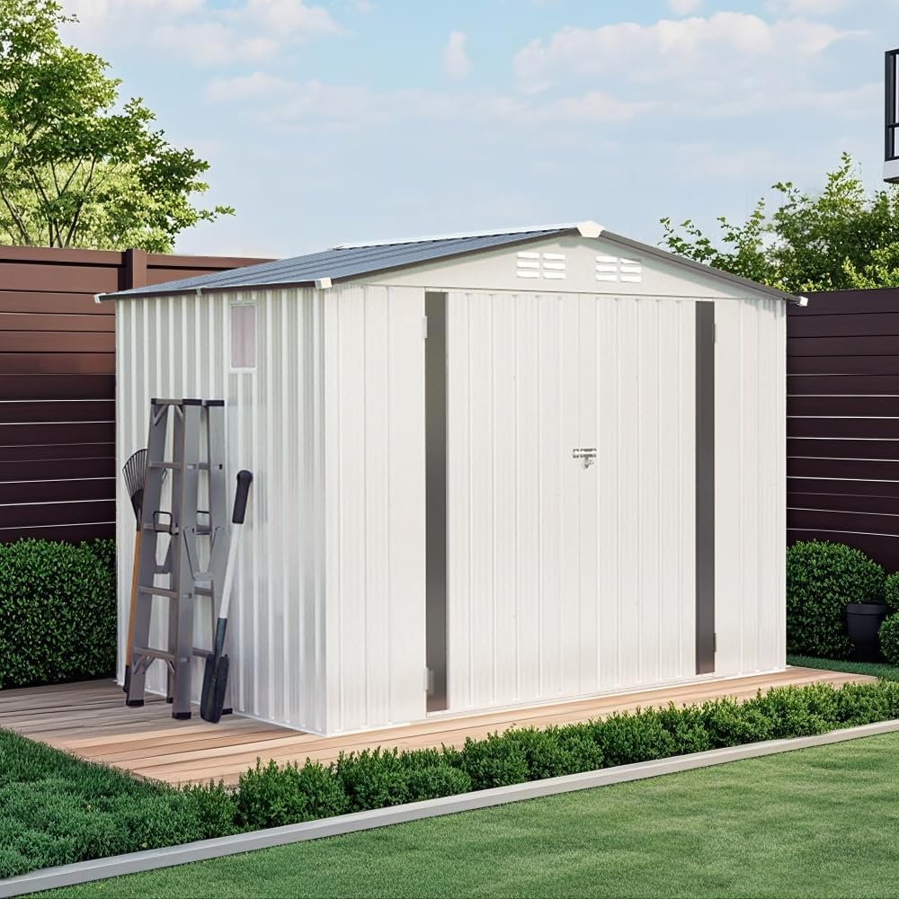 8X6 FT Metal Outdoor Storage Shed with Window & Vents, Waterproof Garden Tool Shed with Lockable Door & Pitched Roof, Durable Steel Bike Storage for Yard, Patio, White & Gray