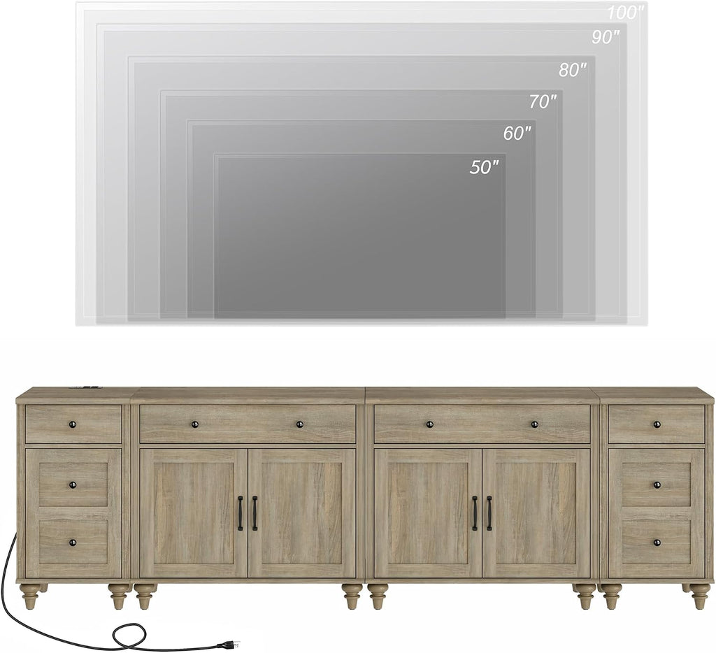 WAMPAT Farmhouse TV Stand for 100 Inch TV, 4-in-1 TV Console Table for 75/80/85/90 Inch TV, Entertainment Center with Charging Station, Kitchen Sideboard Buffet Cabinet for Dining Room, Wash Grey
