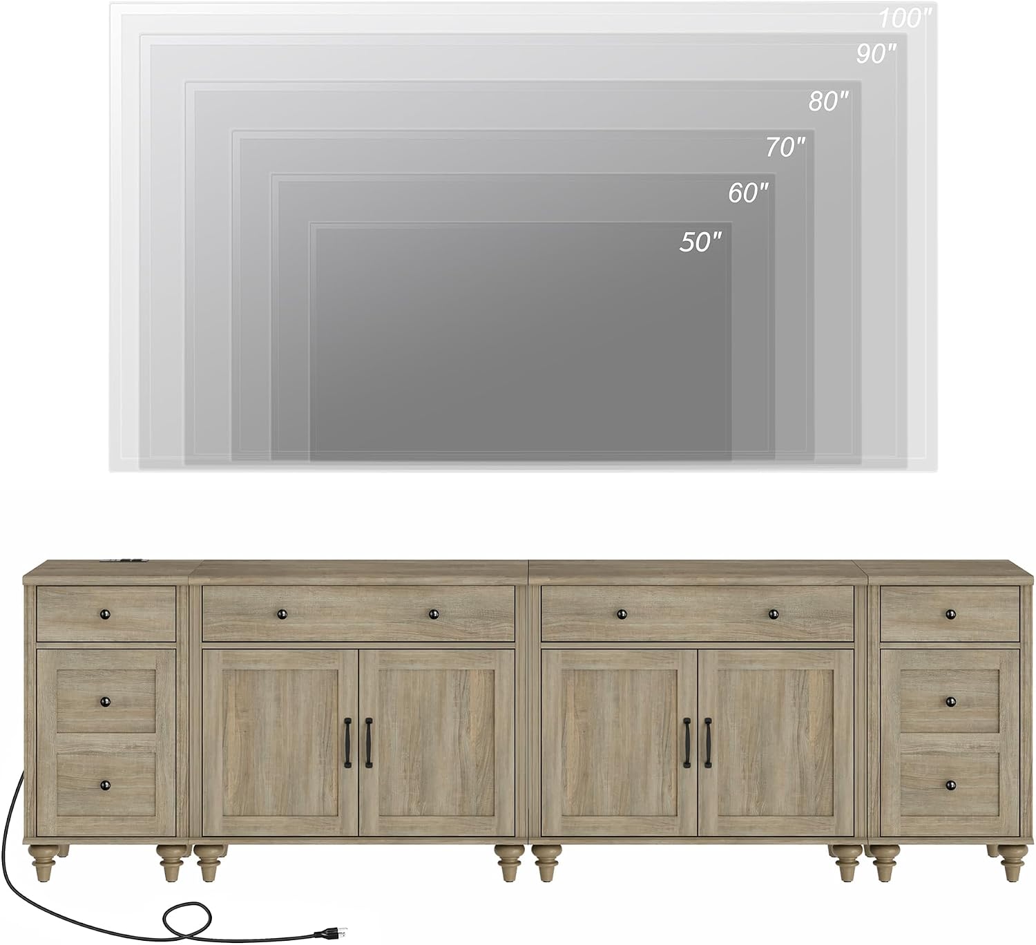 WAMPAT Farmhouse TV Stand for 100 Inch TV, 4-in-1 TV Console Table for 75/80/85/90 Inch TV, Entertainment Center with Charging Station, Kitchen Sideboard Buffet Cabinet for Dining Room, Wash Grey