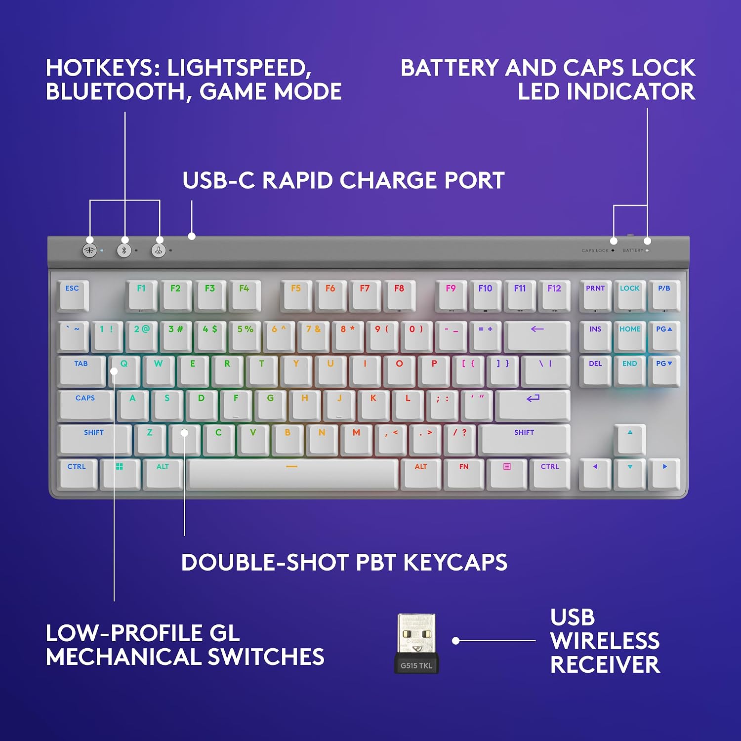 Logitech G515 Lightspeed TKL Low Profile Wireless Gaming Keyboard, LIGHTSYNC RGB, Thin Tenkeyless Design, PBT Keycaps, Tactile (Brown) Mechanical Switches - White