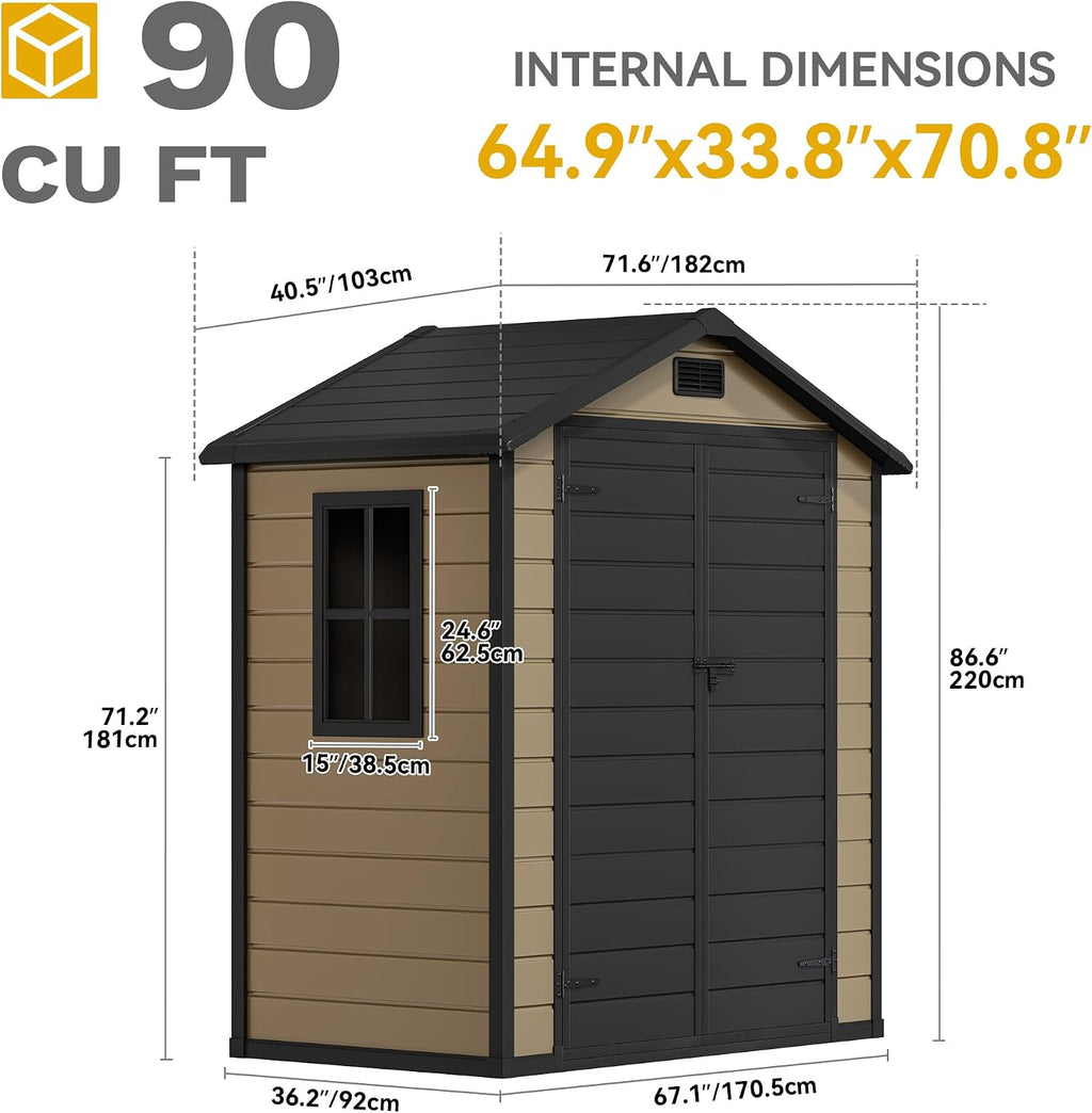 DWVO 6.2x3.4 FT Outdoor Resin Storage Shed with Floor, All-Weather Bike Storage Shed with Lockable Door, Window and Vent, Waterproof Plastic Tool Storage for Garden, Backyard, Patio, Lawn, Brown