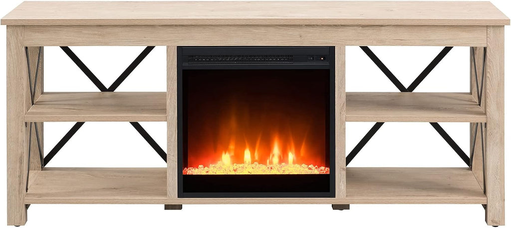 Henn&Hart Rectangular TV Stand with Crystal Fireplace for TV's up to 65' in White Oak, Electric Fireplace TV Stands for the Living Room
