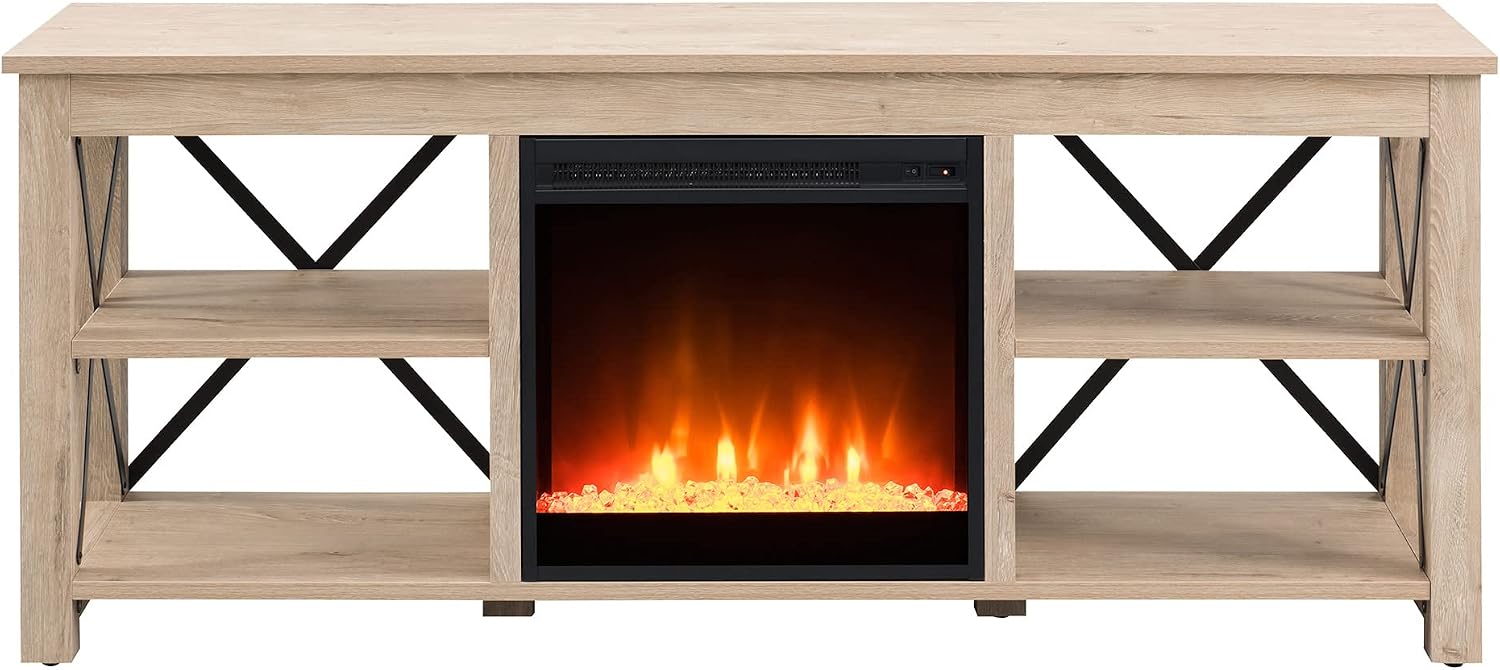 Henn&Hart Rectangular TV Stand with Crystal Fireplace for TV's up to 65' in White Oak, Electric Fireplace TV Stands for the Living Room