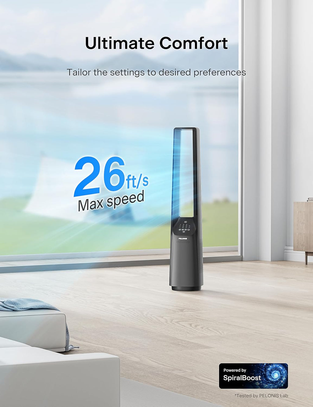 PELONIS 40' Smart Bladeless Fan for Bedrrom - Tower Fan, Alexa/Google/WiFi, DC Motor, 6 Speeds, 4 Modes, Remote, 7H Timer, 90° Oscillation, Safe for Home and Office