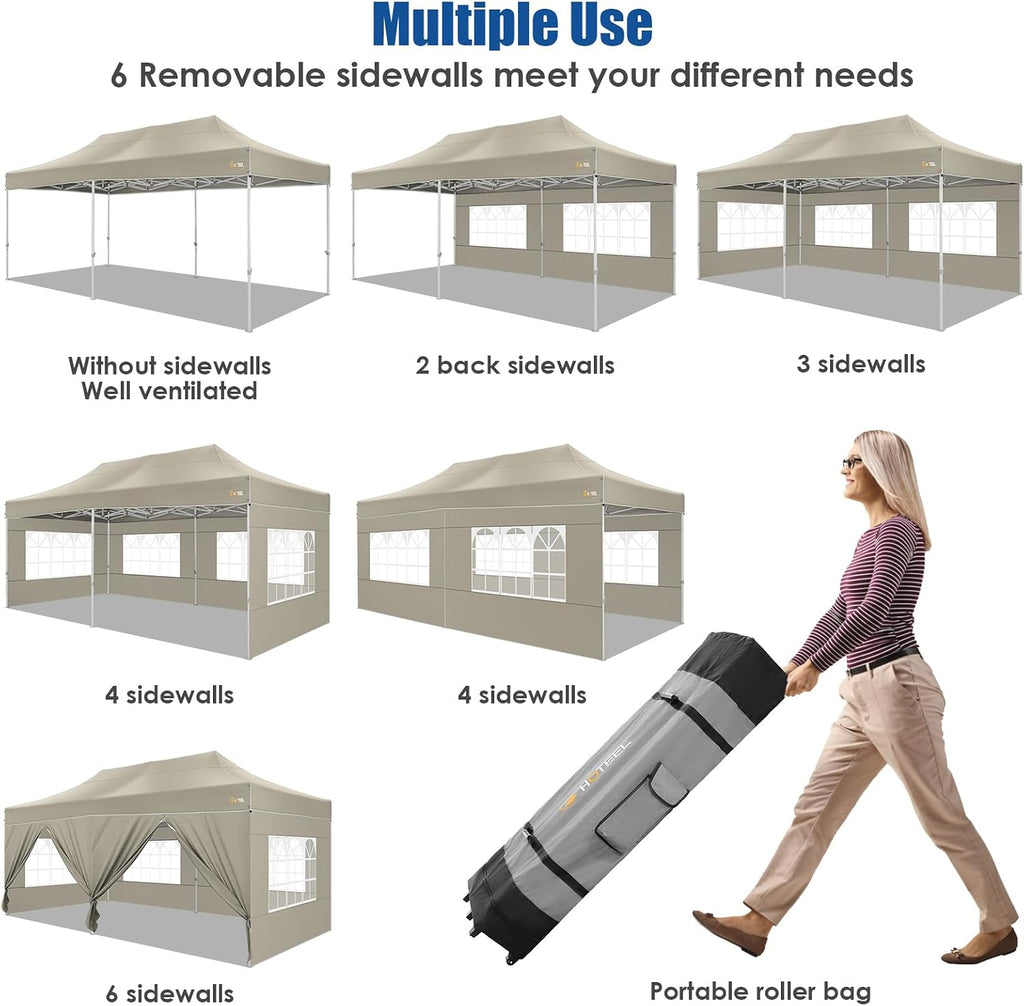 HOTEEL 10x20 Pop up Canopy Tent for Parties, Heavy Duty Easy Setup Tent with 6 Sidewalls, Outdoor Commercial Instant Gazebo for Wedding Event, with Roller Bag & Sand Bags, Khaki(Hexagonal Frame)