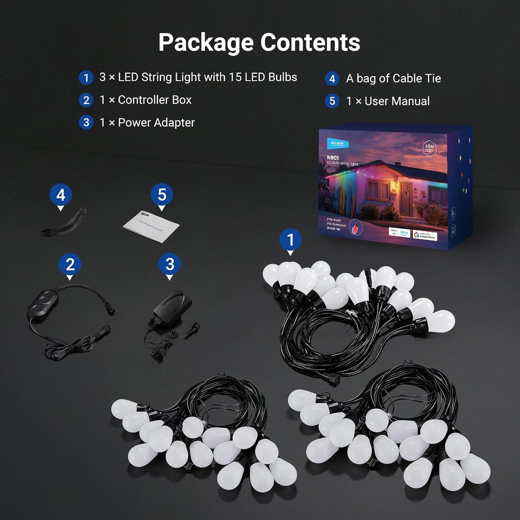 NEEWER 144ft Outdoor String Lights, App Control Smart AI RGBW Dimmable Patio Balcony Backyard Outside Hanging Lighting, IP65 Waterproof, 45 LED Bulbs, 50+ Scenes, Compatible with Alexa Google, NR01