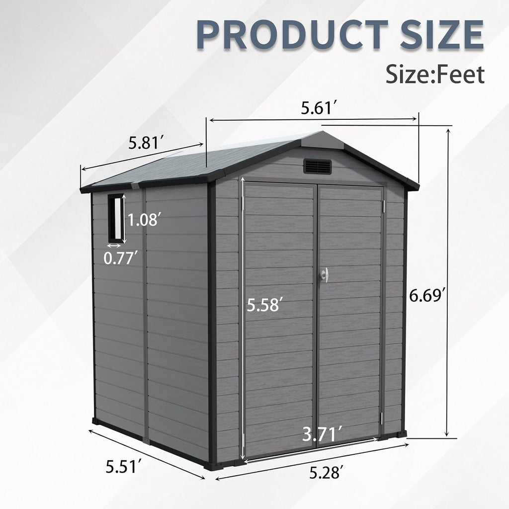 6x6 ft Outdoor Resin Storage Shed with Floor, Waterproof Plastic Garden Shed with Lockable Door, 2 Side Windows and Full-Length Ridge Skylight, All-Weather Tool Sheds for Backyard, Patio, Lawn