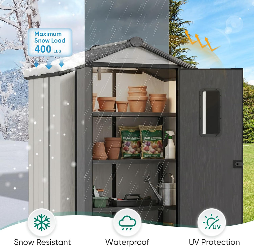 5x3 Outdoor Storage Shed with Floor, Heavy Duty Resin Tool Shed, Weather Resistant Garden Storage Building with Window, White/Gray