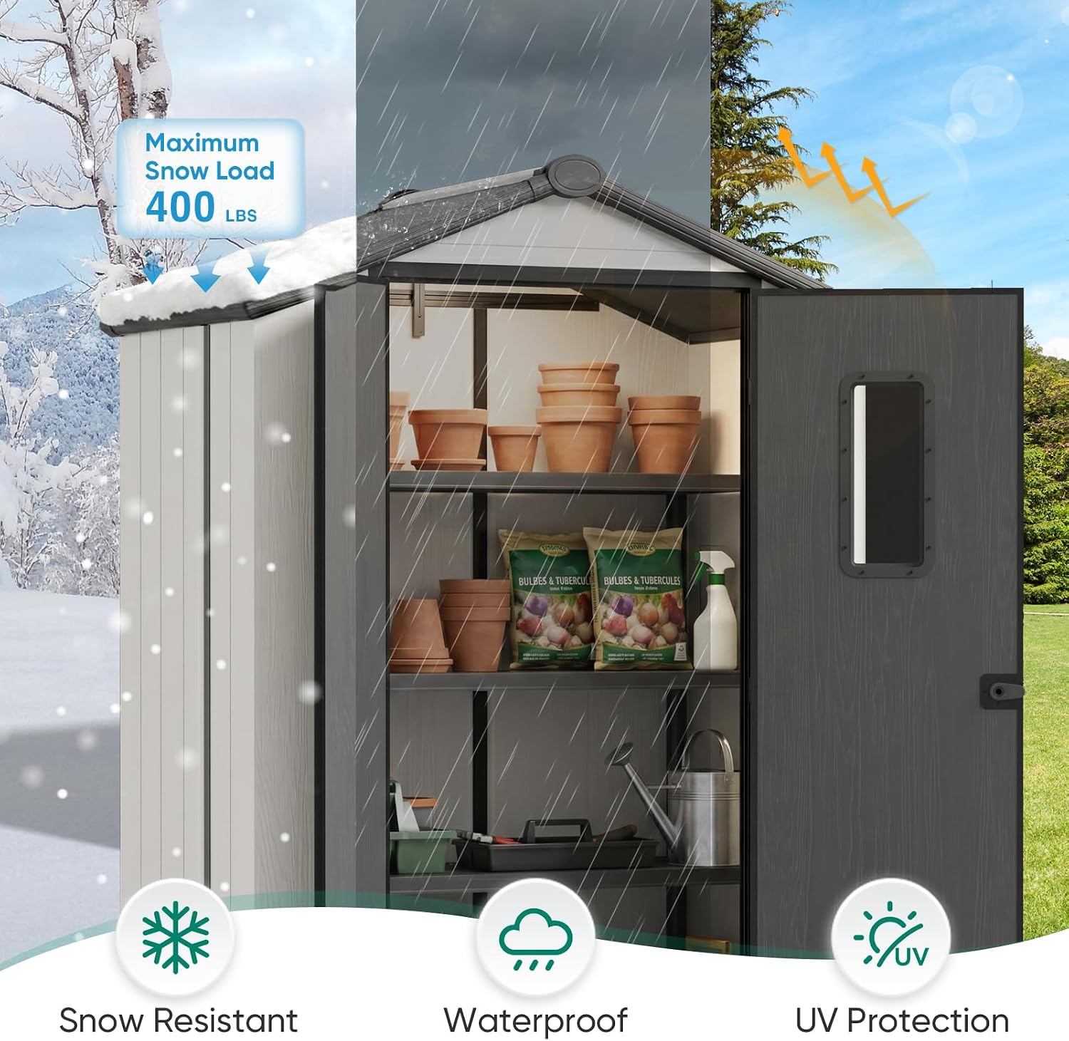 5x3 Outdoor Storage Shed with Floor, Heavy Duty Resin Tool Shed, Weather Resistant Garden Storage Building with Window, White/Gray