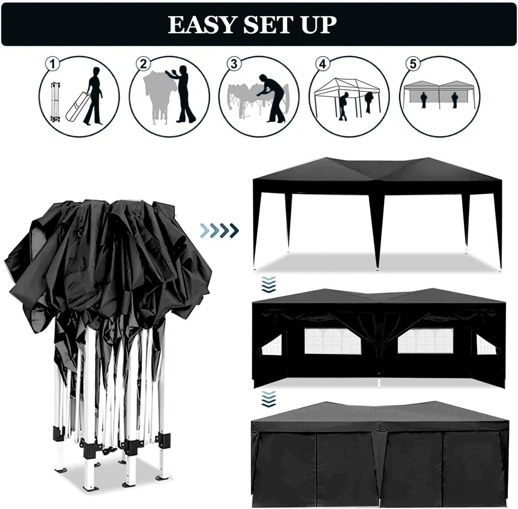 10x20 Pop Up Canopy with 6 Sidewalls Commercial Canopy Tent UPF 50+ All Weather Waterproof Outdoor Wedding Party Tent for Gazebo, Camping, Backyard Parties with Sand Bag, Black