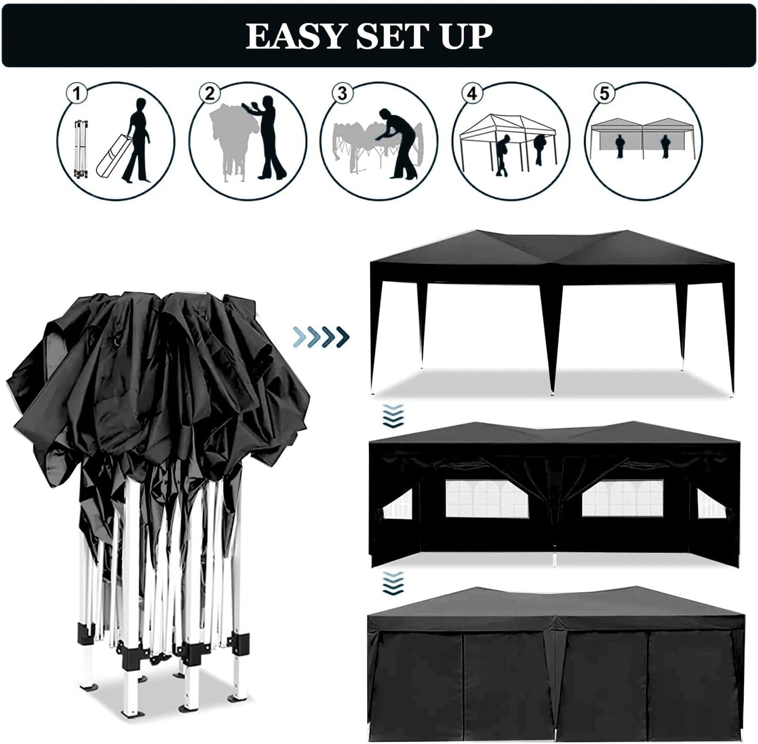 10x20 Pop Up Canopy with 6 Sidewalls Commercial Canopy Tent UPF 50+ All Weather Waterproof Outdoor Wedding Party Tent for Gazebo, Camping, Backyard Parties with Sand Bag, Black