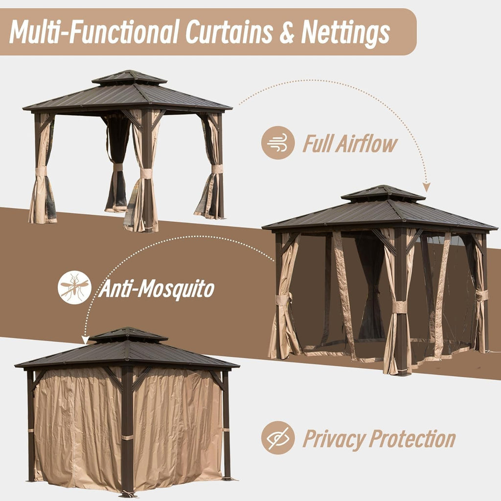 Domi 8x8FT Hardtop Gazebos, Aluminum Metal Gazebo with Galvanized Steel Double Roof Canopy, Curtain and Netting, Permanent Gazebo Pavilion for Patio, Backyard, Deck and Lawn, Brown