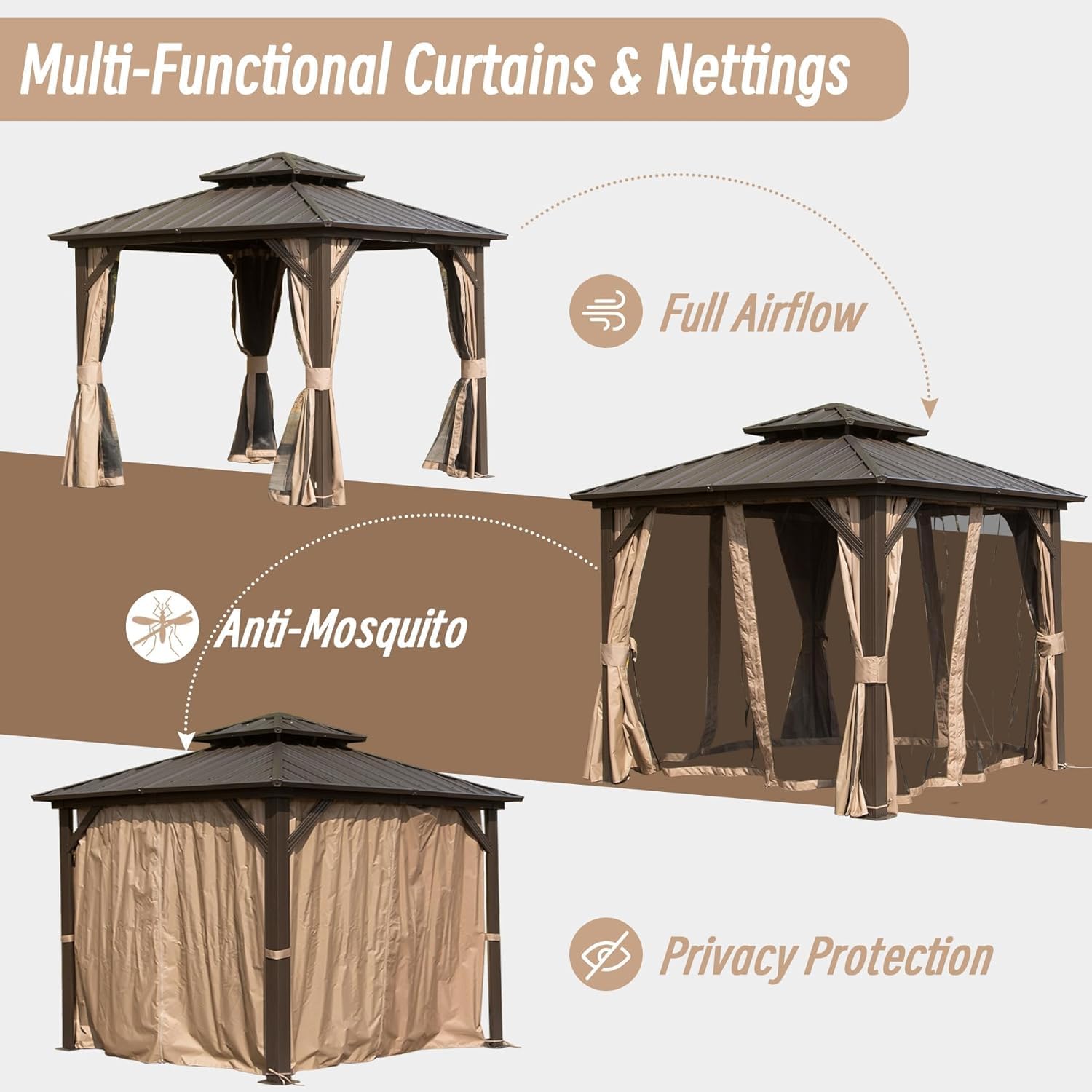 Domi 8x8FT Hardtop Gazebos, Aluminum Metal Gazebo with Galvanized Steel Double Roof Canopy, Curtain and Netting, Permanent Gazebo Pavilion for Patio, Backyard, Deck and Lawn, Brown