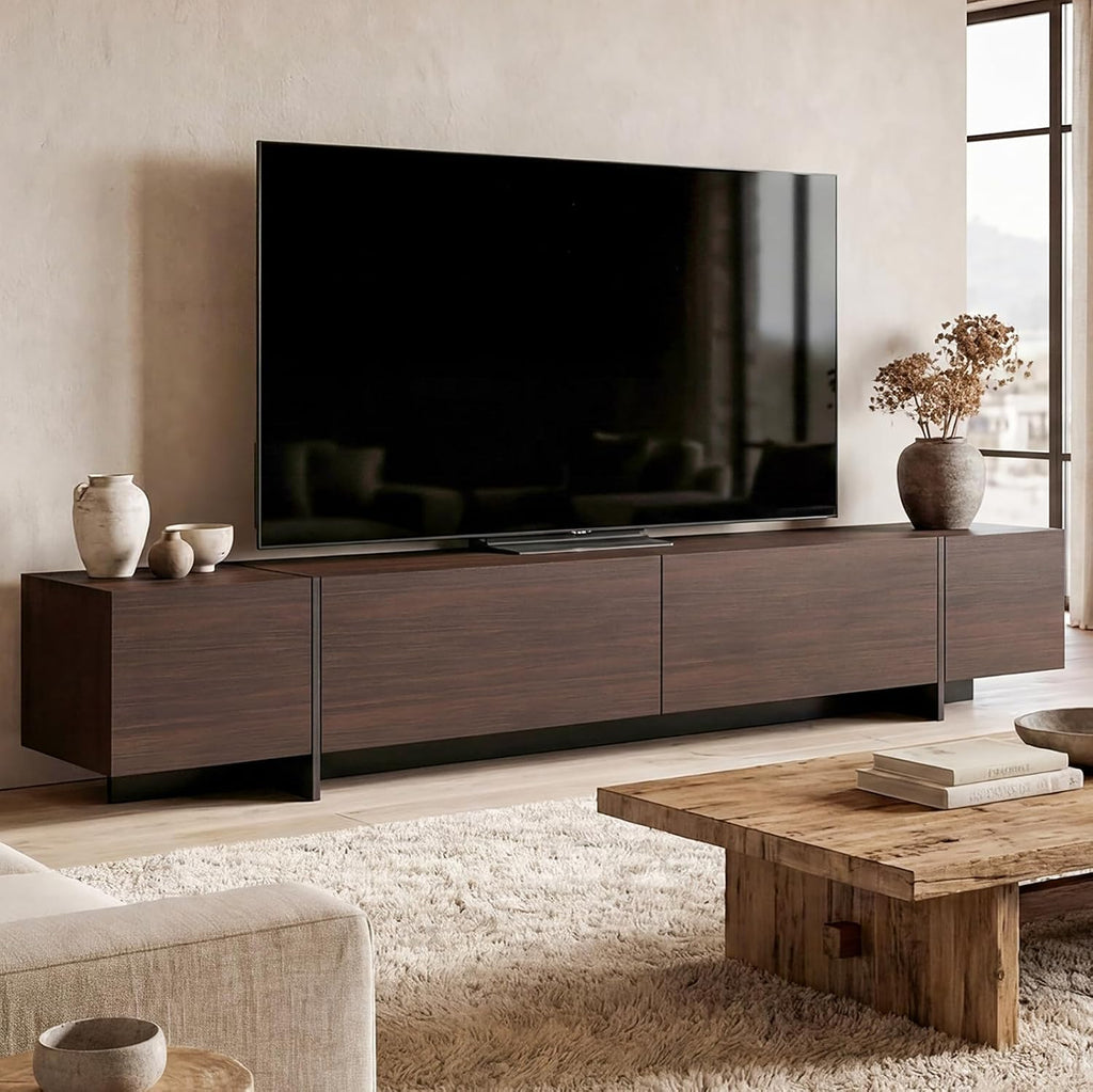 AIEGLE 95.1' W TV Stand with 4 Flip-Down Drawers, Modern Entertainment Center with Storage, Media Console Table TV Cabinet, Dark Brown