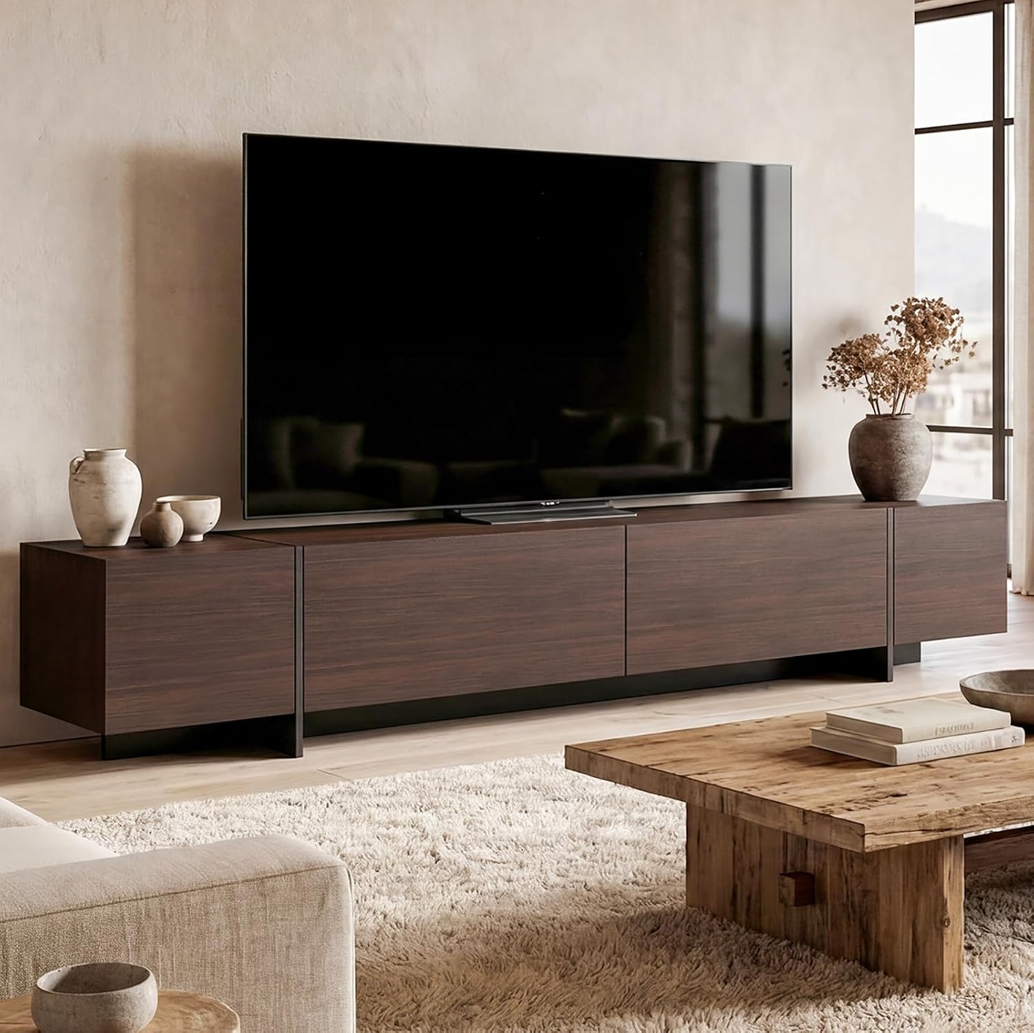 AIEGLE 95.1' W TV Stand with 4 Flip-Down Drawers, Modern Entertainment Center with Storage, Media Console Table TV Cabinet, Dark Brown