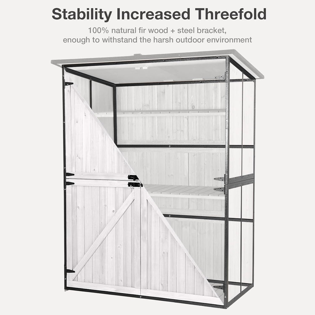 Outdoor Storage Shed with Floor - Waterproof Natural Fir Cabinet with Adjustable Shelves and Double Lock for Anti-Theft - Suitable for Storing Garden Tools and Household Debris (Off-White)