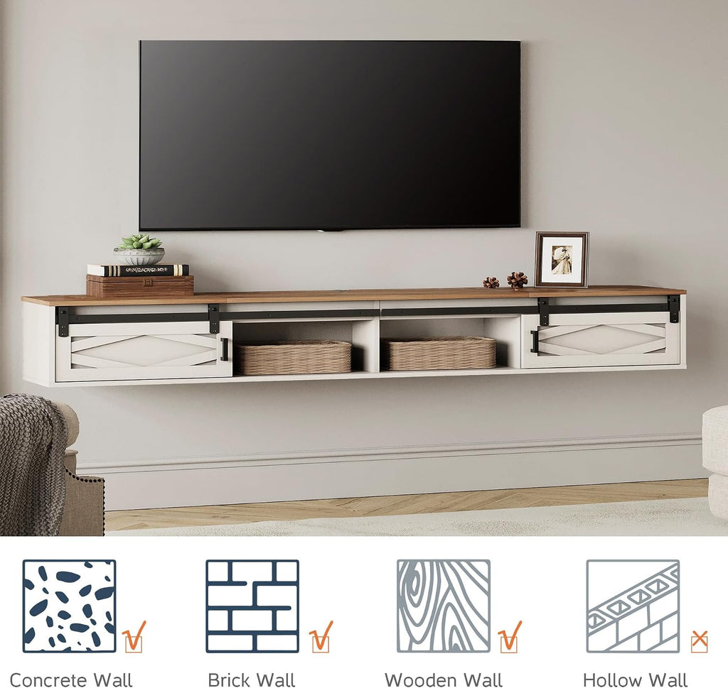 WAMPAT Floating TV Stand for TVs up to 80 Inch, Wood Entertainment Center with Charging Station, Sliding Barn Door Floating TV Shelf for Living Room,Antique White