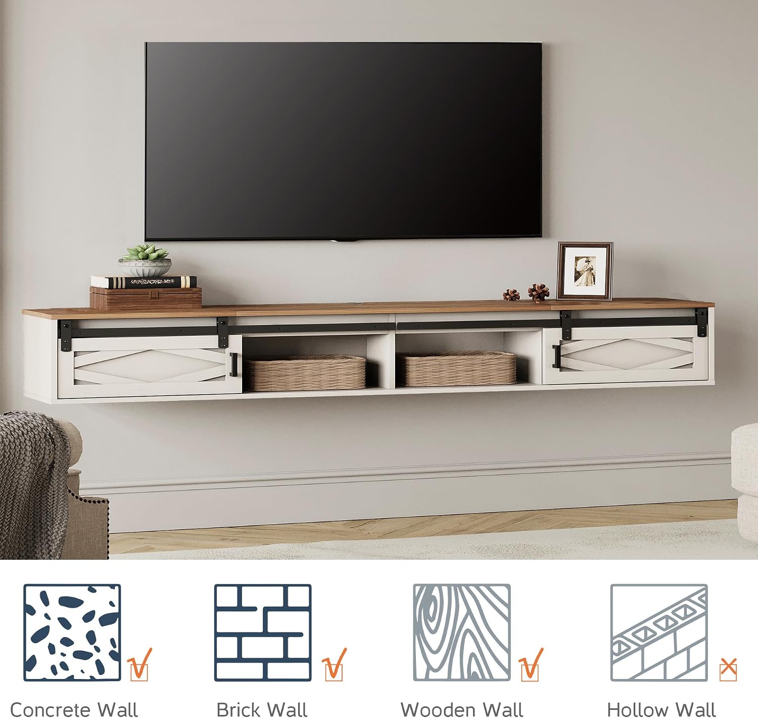 WAMPAT Floating TV Stand for TVs up to 80 Inch, Wood Entertainment Center with Charging Station, Sliding Barn Door Floating TV Shelf for Living Room,Antique White
