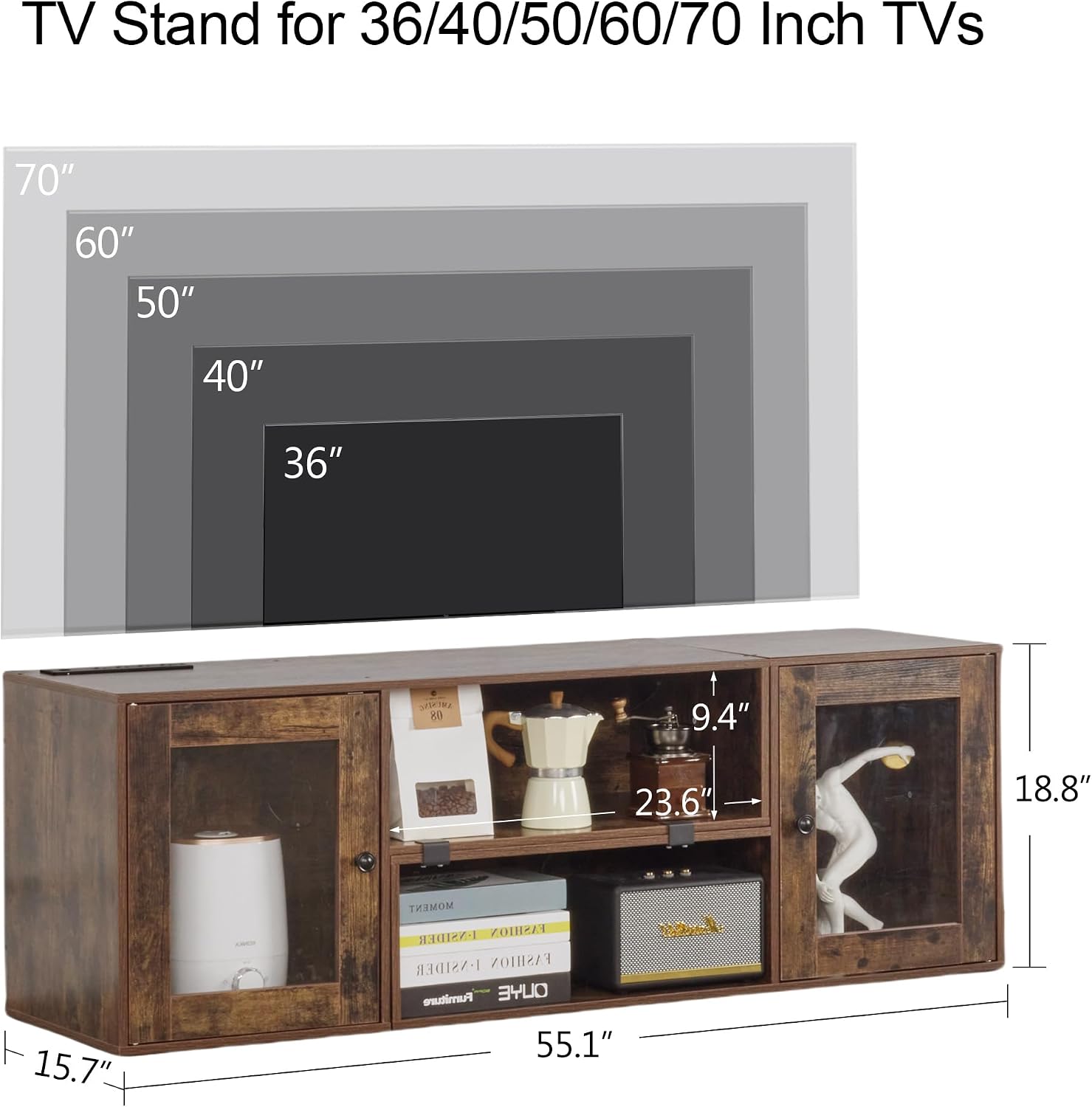 VECELO LED TV Stand for Televisions up to 70 Inchs Modern Entertainment Center with Storage, Media Console with 23 Flashing Options and 4 Customizable Modes for Living Room, Bedroom, Brown