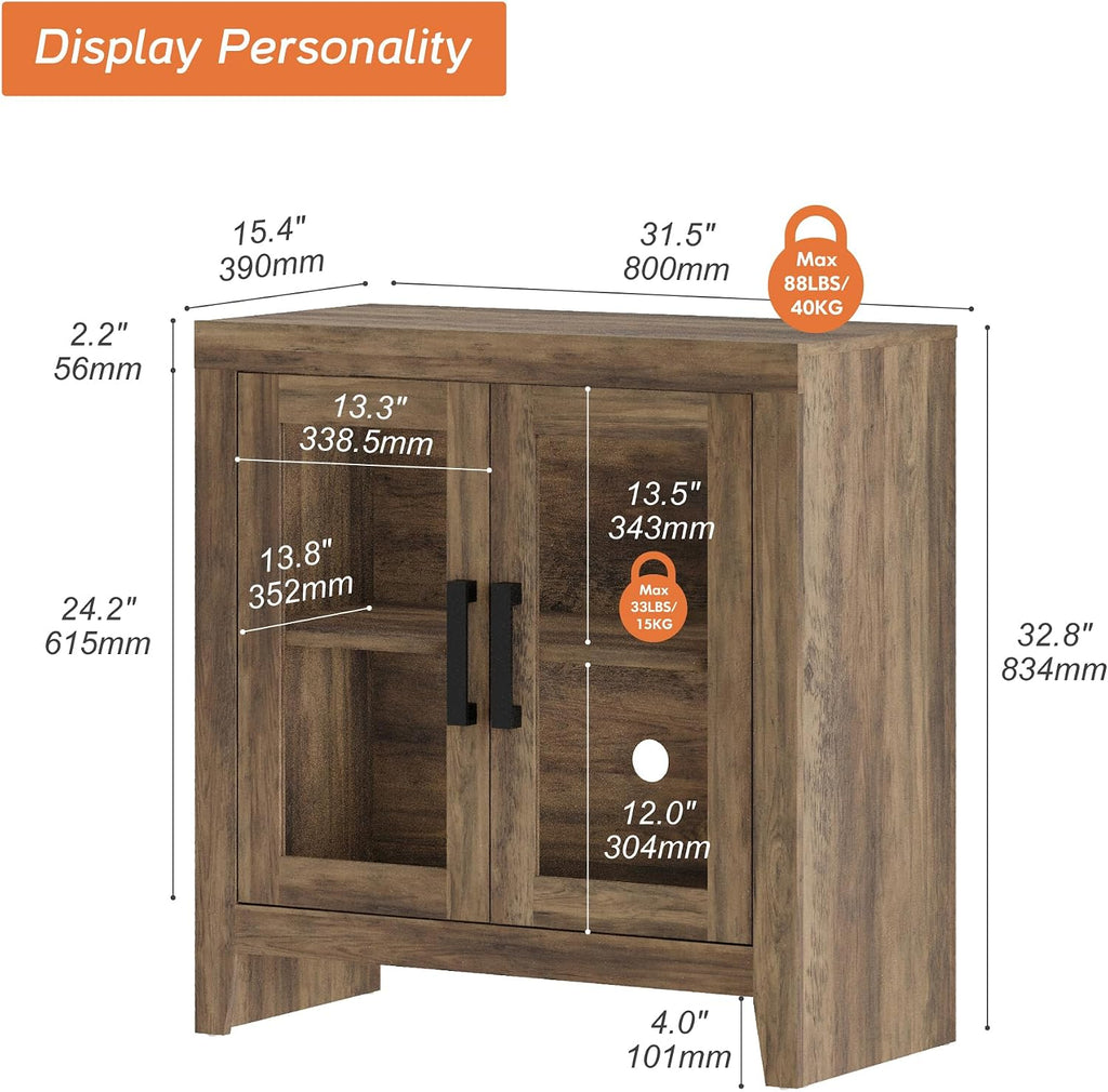 WAMPAT Farmhouse TV Stand for TVs up to 50', Rustic Wood Entertainment Center with Adjustable Shelf, Glass Doors & Storage, Media Console Cabinet for Living-Room, Bedroom, Brown