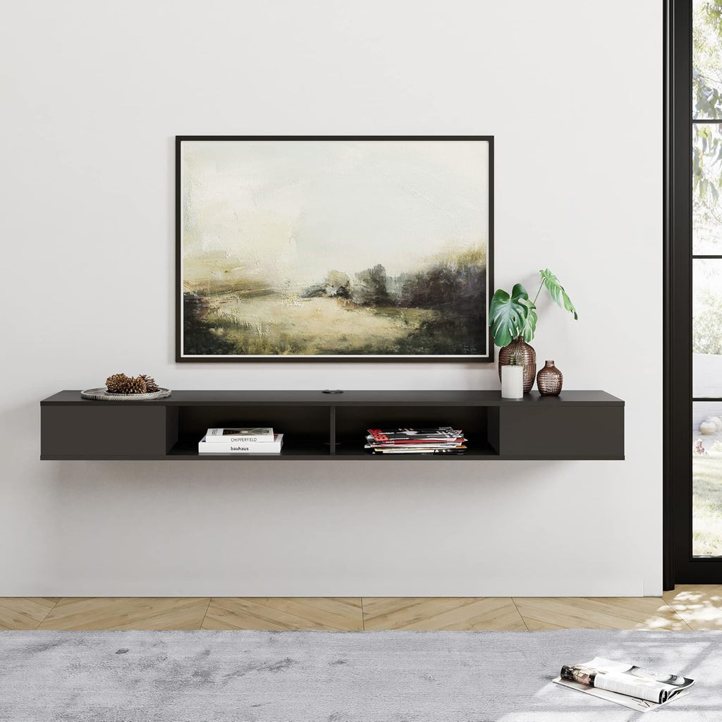 WAMPAT 70 inch Black Floating TV Stand, Entertainement Center Wall Mount for 75 inch TV, Media Console for Under TV with Storage for Living Room